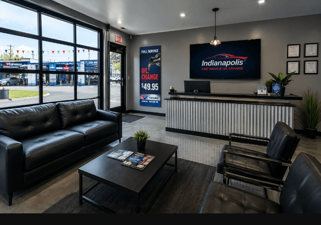 Lobby and reception area inside Indianapolis car wash business for sale 
